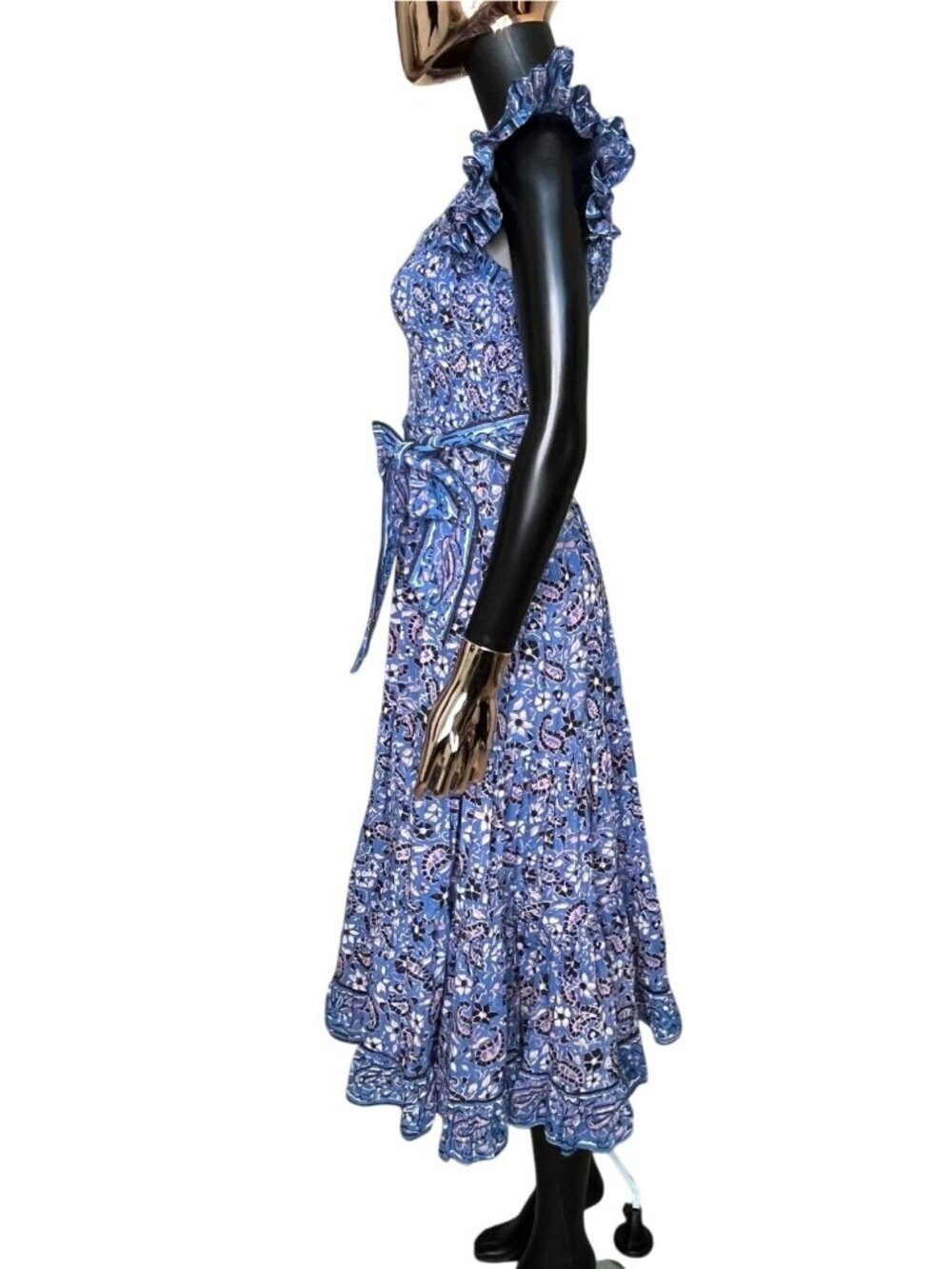 Cleobella Autumn Ruffle Blue Paisley Midi Dress Small Organic Cotton Pockets - Picture 5 of 11